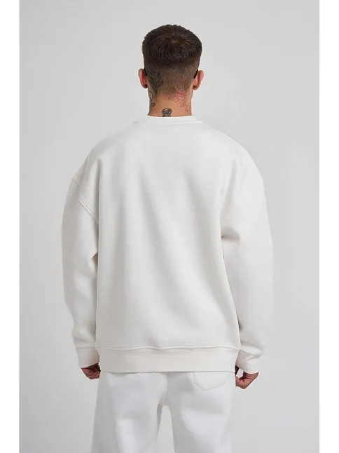 Unisex Biskilet Yaka Üç İplik Sweatshirt - Beyaz