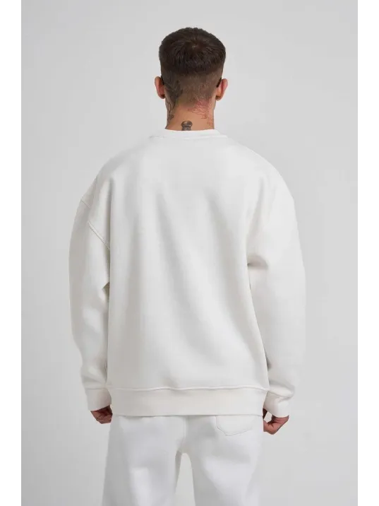 Unisex Biskilet Yaka Üç İplik SweatShirt - Beyaz