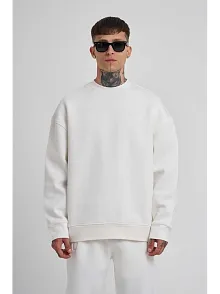 Unisex Biskilet Yaka Üç İplik Sweatshirt - Beyaz