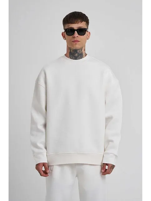 Unisex Biskilet Yaka Üç İplik Sweatshirt - Beyaz