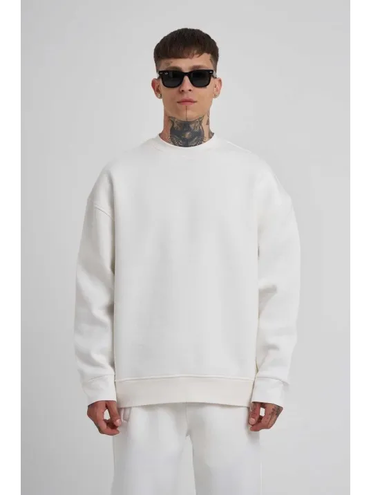 Unisex Biskilet Yaka Üç İplik SweatShirt - Beyaz Unisex Biskilet Yaka Üç İplik SweatShirt - Beyaz