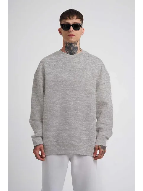 Unisex Biskilet Yaka Üç İplik Sweatshirt - Gri