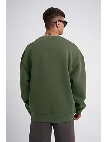 Unisex Biskilet Yaka Üç İplik Sweatshirt - Haki