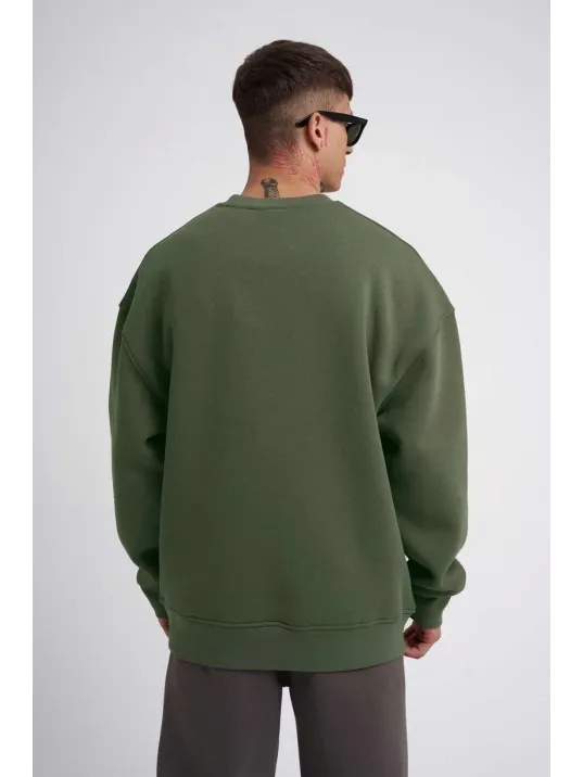 Unisex Biskilet Yaka Üç İplik Sweatshirt - Haki