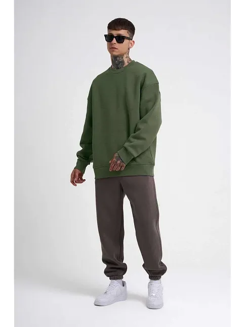 Unisex Biskilet Yaka Üç İplik Sweatshirt - Haki