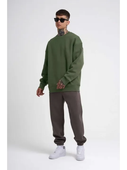 Unisex Biskilet Yaka Üç İplik Sweatshirt - Haki