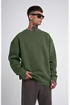 Unisex Biskilet Yaka Üç İplik Sweatshirt - Haki