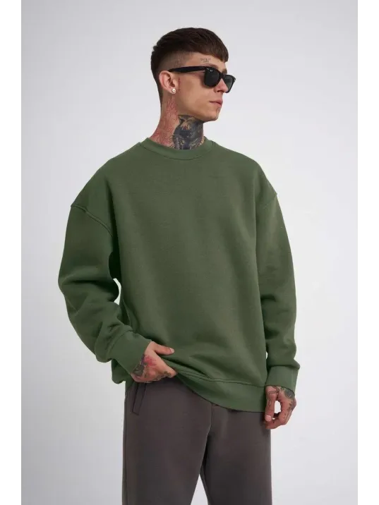 Unisex Biskilet Yaka Üç İplik Sweatshirt - Haki