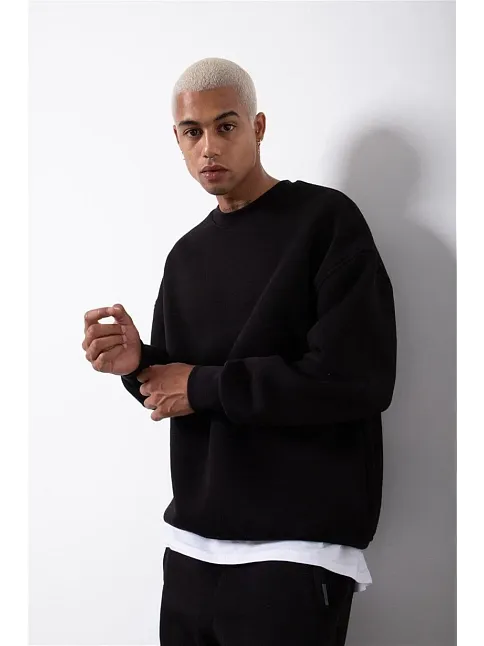 Unisex Biskilet Yaka Üç İplik Sweatshirt - Siyah