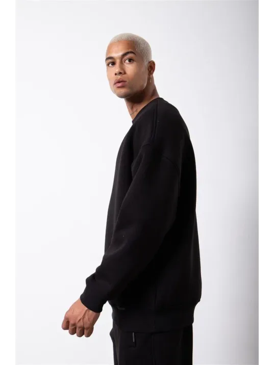 Unisex Biskilet Yaka Üç İplik SweatShirt - Siyah