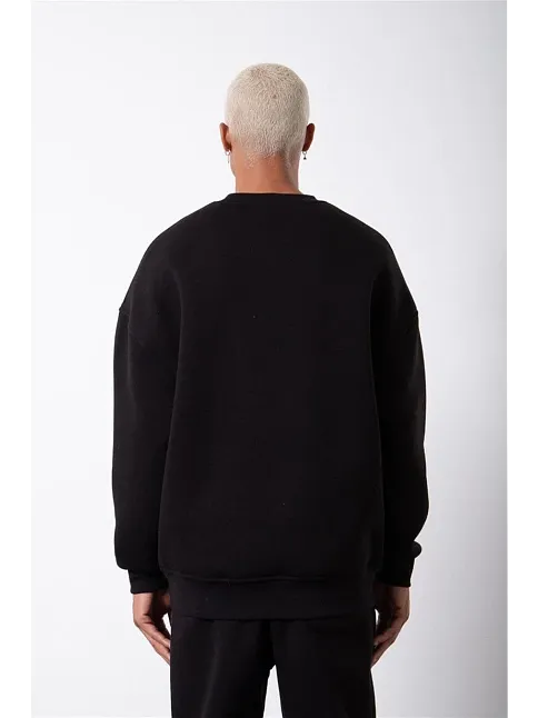Unisex Biskilet Yaka Üç İplik Sweatshirt - Siyah
