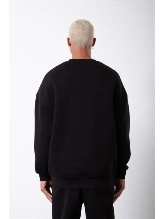 Unisex Biskilet Yaka Üç İplik SweatShirt - Siyah