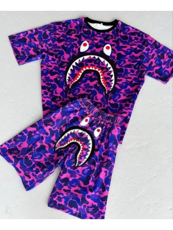 Unisex Çocuk Dijital Baskılı Şortlu Takım - Mor Unisex Çocuk Dijital Baskılı Şortlu Takım - Mor