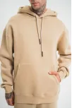 Unisex Double Oversize Kapşonlu Basic Sweatshirt - Bej
