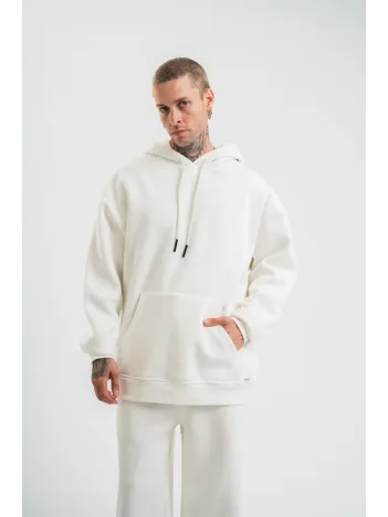 Unisex Double Oversize Kapşonlu Basic Sweatshirt - Beyaz