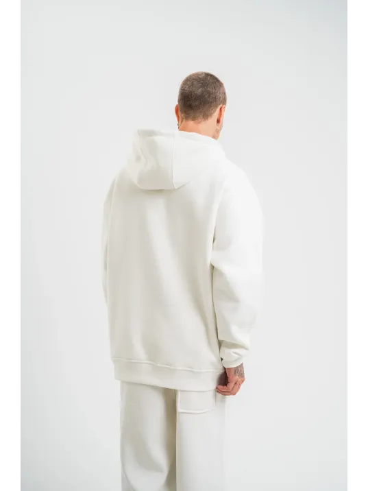 Unisex Double Oversize Kapşonlu Basic SweatShirt - Beyaz
