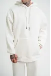 Unisex Double Oversize Kapşonlu Basic Sweatshirt - Beyaz