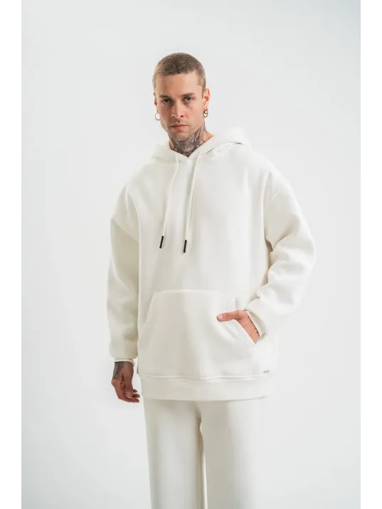 Unisex Double Oversize Kapşonlu Basic SweatShirt - Beyaz