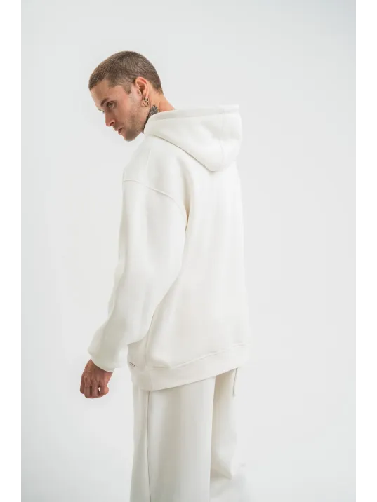 Unisex Double Oversize Kapşonlu Basic SweatShirt - Beyaz