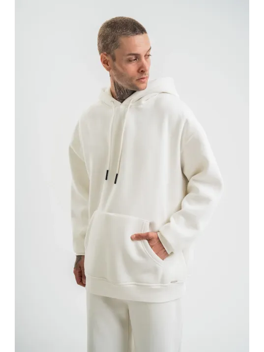 Unisex Double Oversize Kapşonlu Basic SweatShirt - Beyaz