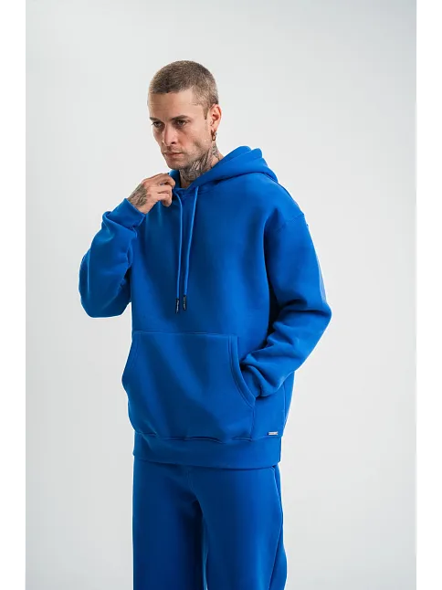 Unisex Double Oversize Kapşonlu Basic Sweatshirt - Mavi