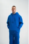Unisex Double Oversize Kapşonlu Basic Sweatshirt - Mavi