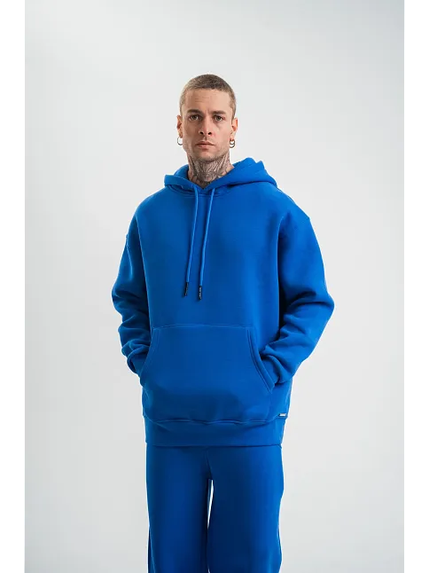Unisex Double Oversize Kapşonlu Basic Sweatshirt - Mavi