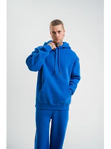 Unisex Double Oversize Kapşonlu Basic Sweatshirt - Mavi