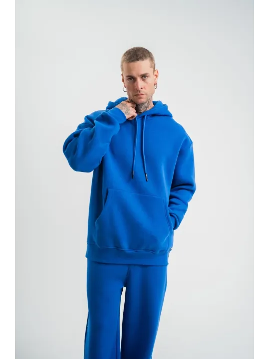 Unisex Double Oversize Kapşonlu Basic SweatShirt - Mavi