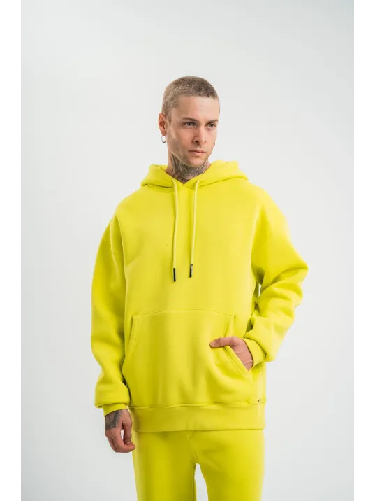 Unisex Double Oversize Kapşonlu Basic SweatShirt - Sarı