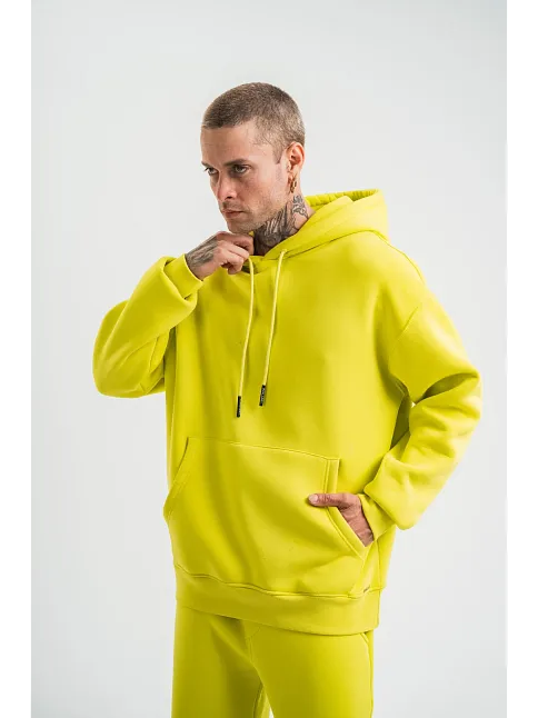 Unisex Double Oversize Kapşonlu Basic Sweatshirt - Sarı