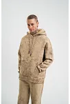 Unisex Double Oversize Kapşonlu Yıkamalı Sweatshirt - Bej