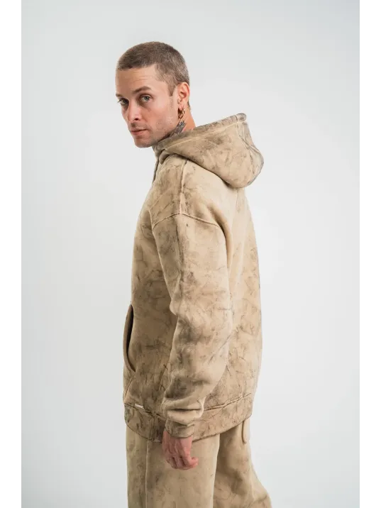 Unisex Double Oversize Kapşonlu Yıkamalı SweatShirt - Bej