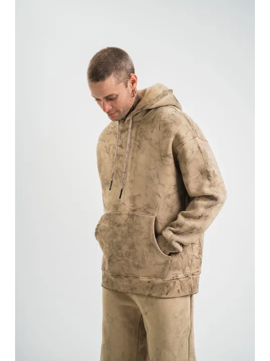 Unisex Double Oversize Kapşonlu Yıkamalı SweatShirt - Bej