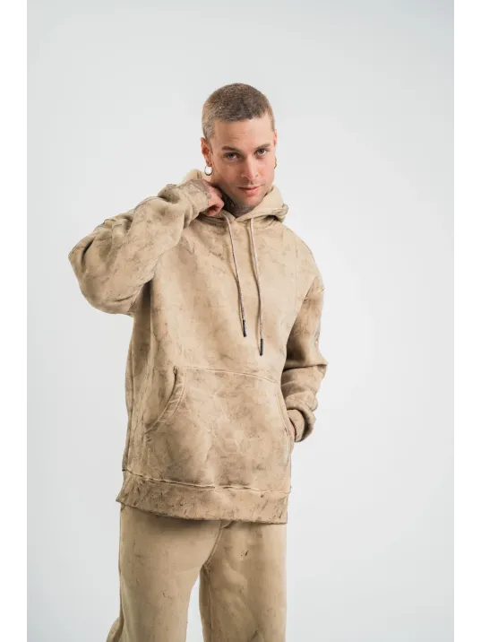 Unisex Double Oversize Kapşonlu Yıkamalı SweatShirt - Bej