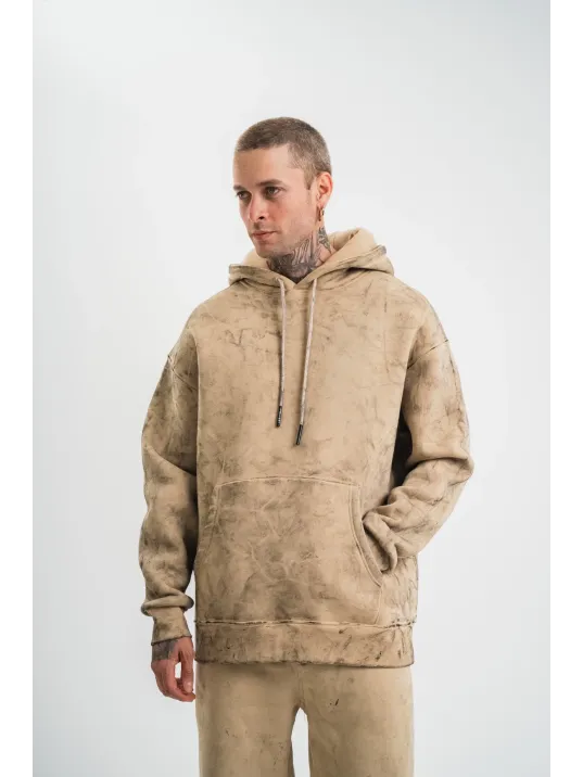 Unisex Double Oversize Kapşonlu Yıkamalı SweatShirt - Bej