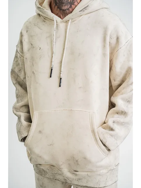 Unisex Double Oversize Kapşonlu Yıkamalı Sweatshirt - Krem