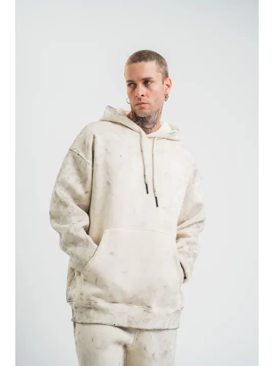 Unisex Double Oversize Kapşonlu Yıkamalı SweatShirt - Krem