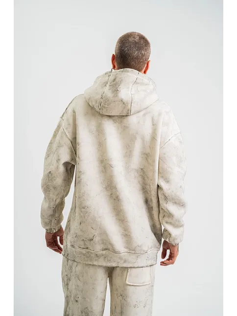 Unisex Double Oversize Kapşonlu Yıkamalı Sweatshirt - Krem