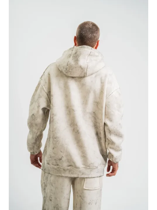 Unisex Double Oversize Kapşonlu Yıkamalı SweatShirt - Krem