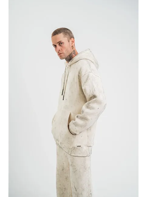 Unisex Double Oversize Kapşonlu Yıkamalı Sweatshirt - Krem