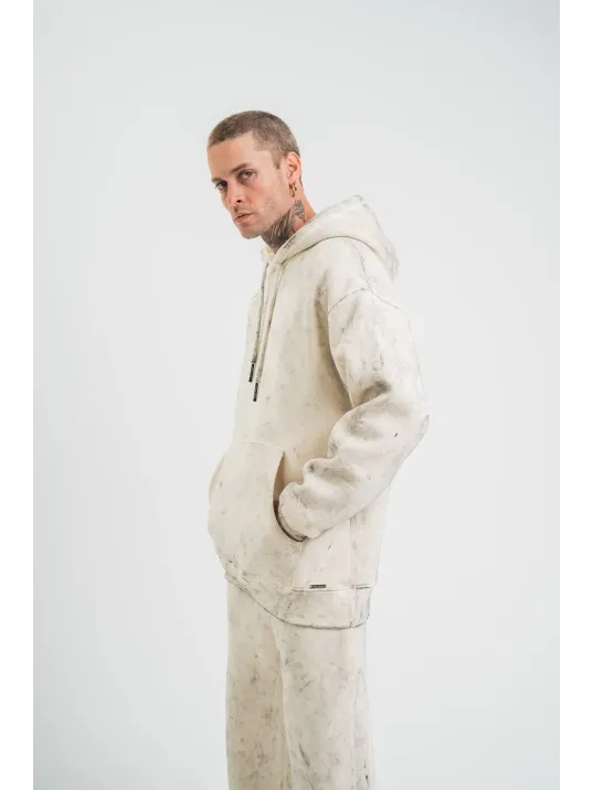 Unisex Double Oversize Kapşonlu Yıkamalı SweatShirt - Krem