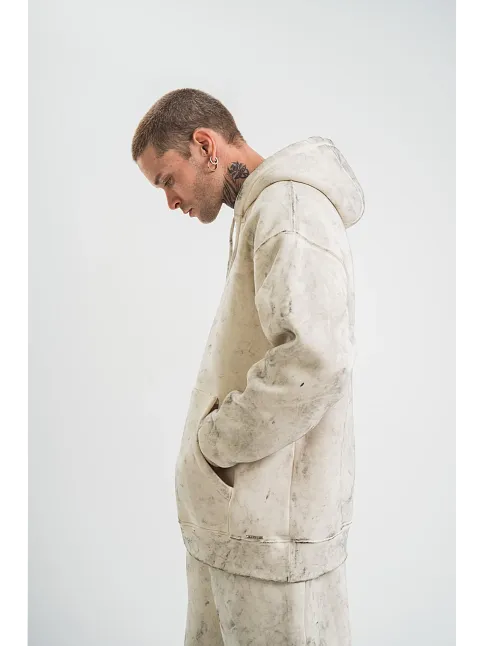 Unisex Double Oversize Kapşonlu Yıkamalı Sweatshirt - Krem