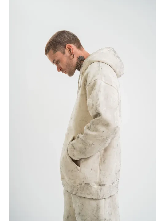 Unisex Double Oversize Kapşonlu Yıkamalı SweatShirt - Krem