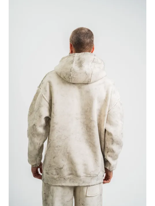 Unisex Double Oversize Kapşonlu Yıkamalı SweatShirt - Krem