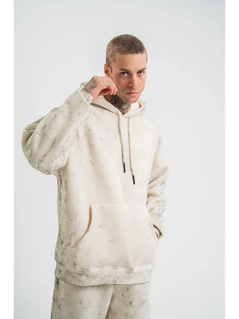 Unisex Double Oversize Kapşonlu Yıkamalı Sweatshirt - Krem