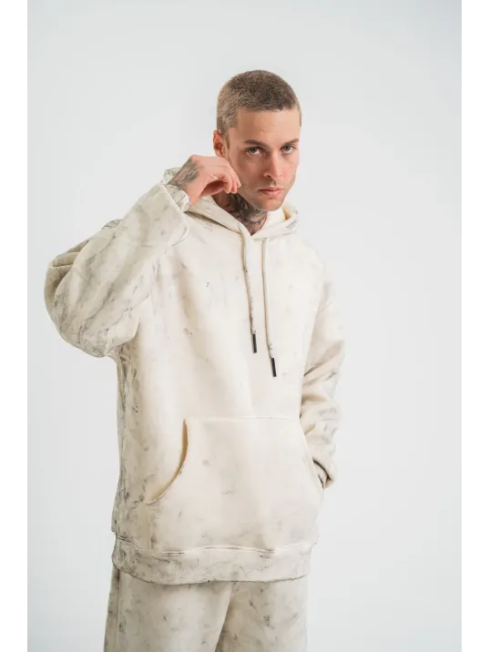 Unisex Double Oversize Kapşonlu Yıkamalı SweatShirt - Krem Unisex Double Oversize Kapşonlu Yıkamalı SweatShirt - Krem