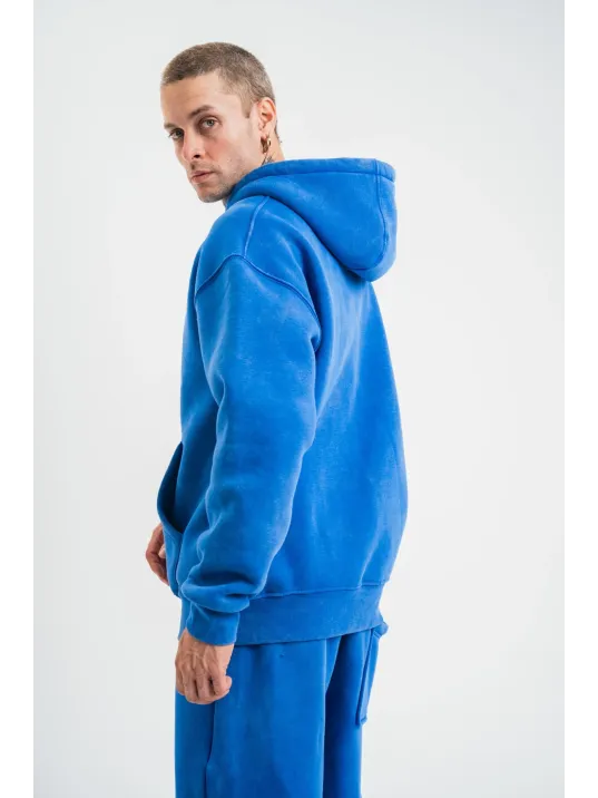 Unisex Double Oversize Kapşonlu Yıkamalı SweatShirt - Mavi