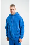 Unisex Double Oversize Kapşonlu Yıkamalı Sweatshirt - Mavi