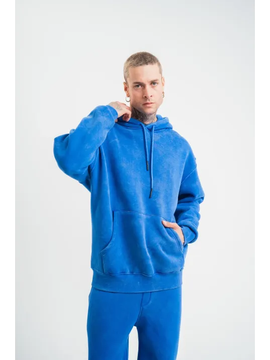 Unisex Double Oversize Kapşonlu Yıkamalı SweatShirt - Mavi